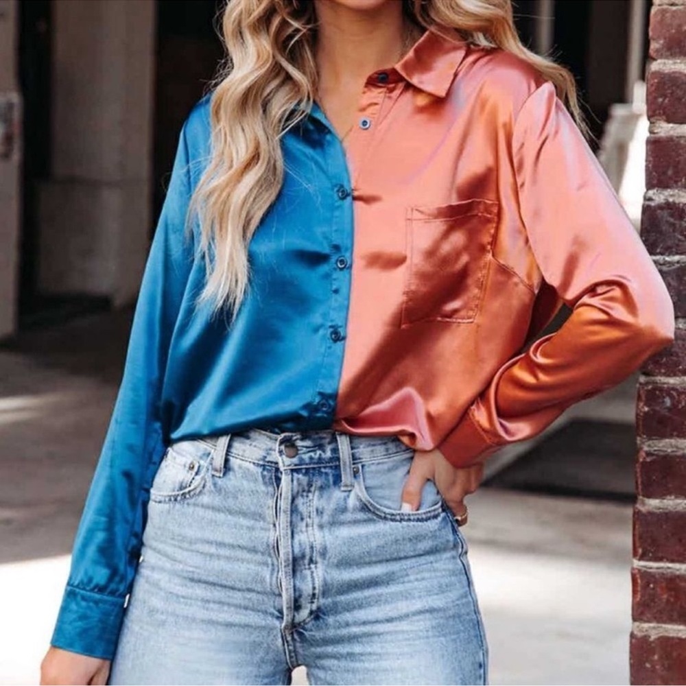 Vici Kamia Satin Colorblock Button Down Blouse - Teal/Copper - size XS